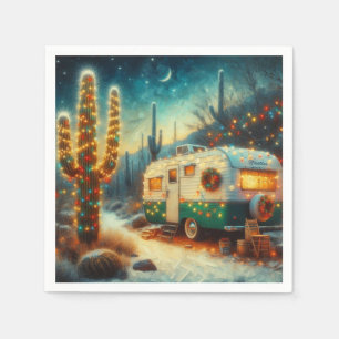 Vintage Camper Christmas in Desert Saguaro Cactus Napkin
