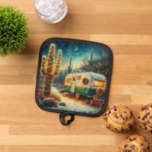Vintage Camper Christmas in Desert Saguaro Cactus Pot Holder