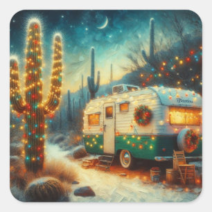 Vintage Camper Christmas in Desert Saguaro Cactus Square Sticker
