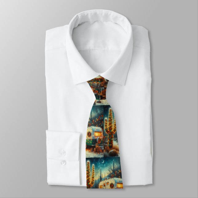 Vintage Camper Christmas in Desert Saguaro Cactus Tie (Tied)
