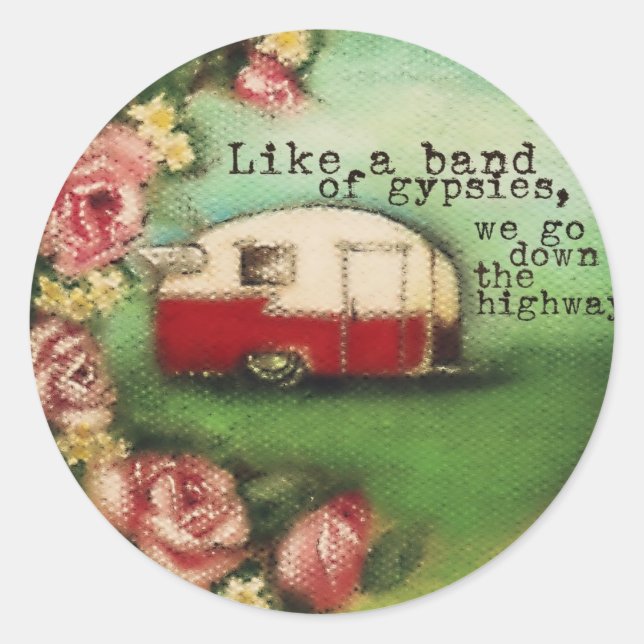 Vintage Camper & Roses Classic Round Sticker (Front)