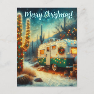 Vintage Camper Saguaro Cactus Christmas Desert Postcard