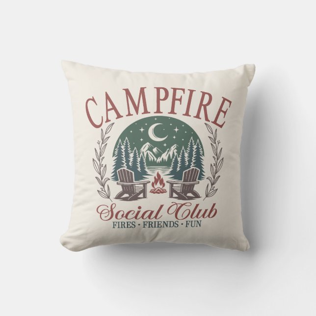 Vintage Campfire Social Club Friends Nature Throw Pillow (Front)