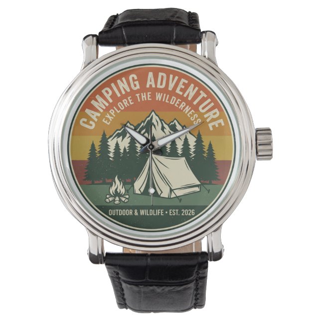 Vintage Camping Adventure Retro Mountain Watch (Front)