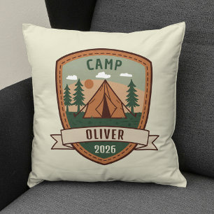 Vintage Camping Badge Personalized Throw Pillow