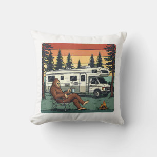 Vintage Camping Motorhome RV Bigfoot Adventure Throw Pillow