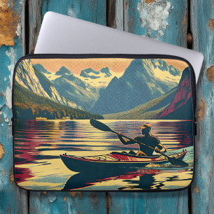 Vintage Camping Scene Man Kayaking Laptop Sleeve