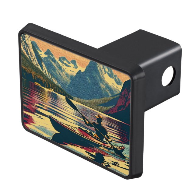 Vintage Camping Scene Man Kayaking Trailer Hitch Cover (Top Right)