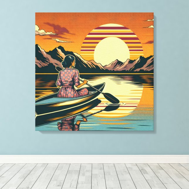 Vintage Camping Scene Woman Kayaking Canvas Print (Insitu(Wood Floor))