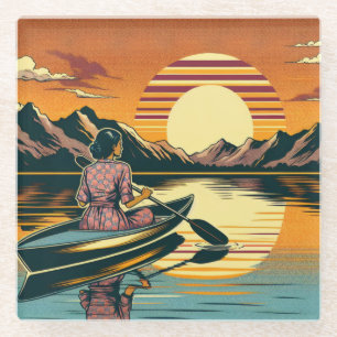 Vintage Camping Scene Woman Kayaking Glass Coaster