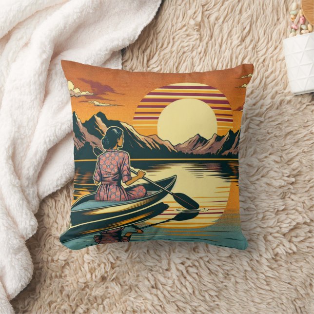 Vintage Camping Scene Woman Kayaking Throw Pillow (Blanket)