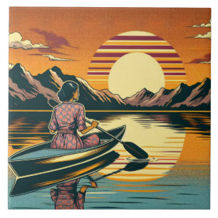 Vintage Camping Scene Woman Kayaking Tile