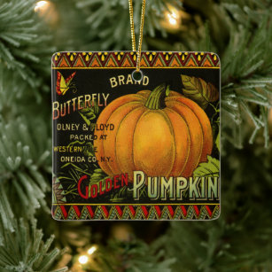 Vintage Can Label Art, Butterfly Pumpkin Vegetable Ceramic Ornament