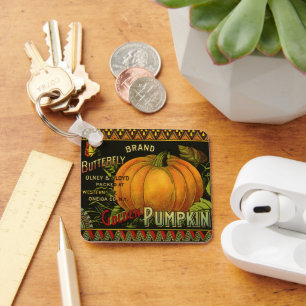 Vintage Can Label Art, Butterfly Pumpkin Vegetable Keychain