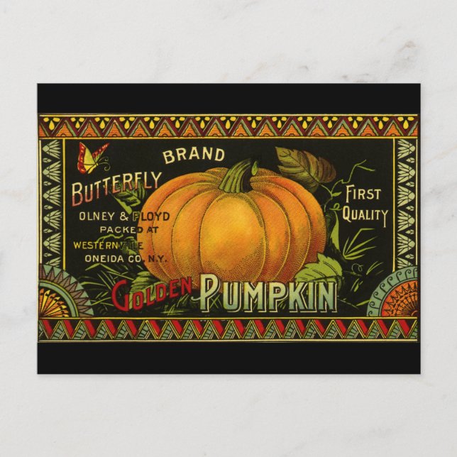 Vintage Can Label Art, Butterfly Pumpkin Vegetable Postcard (Front)
