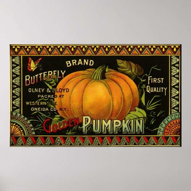 Vintage Can Label Art, Butterfly Pumpkin Vegetable Poster (Front)