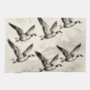 Vintage Canada Geese in Flight Engraving Kitchen Towel