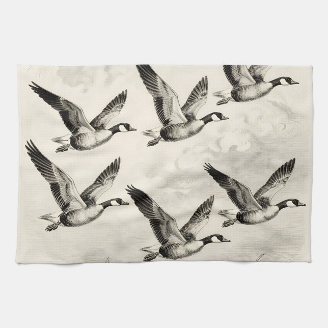 Vintage Canada Geese in Flight Engraving Kitchen Towel (Horizontal)