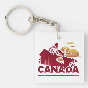 Vintage Canada Travel Country Map Maple Leaf Keychain