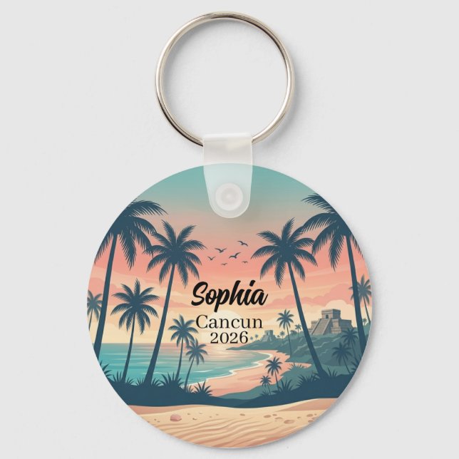 Vintage Cancun 2026 Tropical Beach Sunset Keychain (Front)