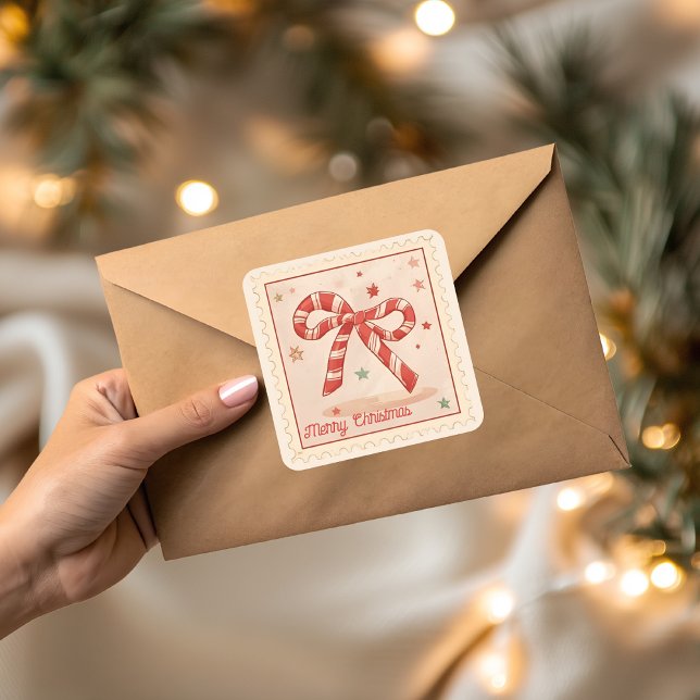 Vintage Candy Cane Bow Merry Christmas Square Sticker (Creator Uploaded)
