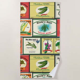 Vintage canned goods-Vegetables labels Beach Towel
