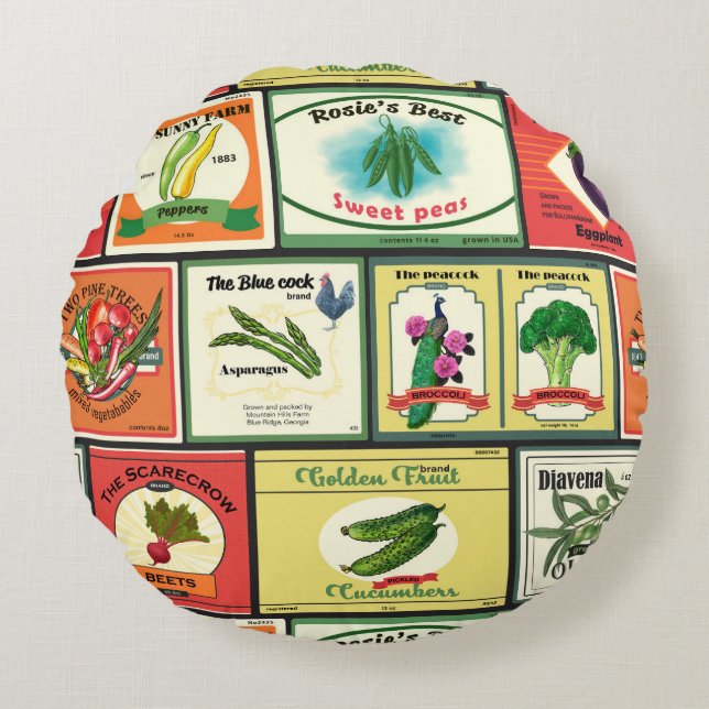 Vintage canned goods-Vegetables labels Round Pillow (Front)