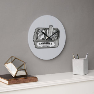 Vintage Canned Sardines in Black and White Large Clock