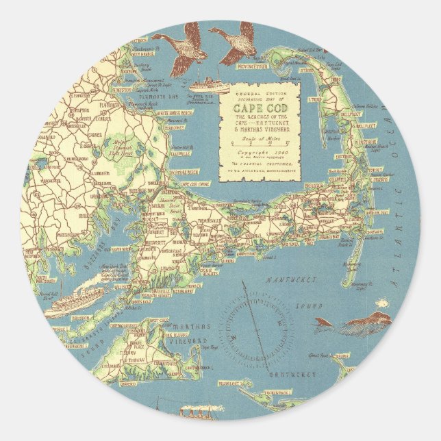 Vintage Cape Cod Map (1940) Classic Round Sticker (Front)