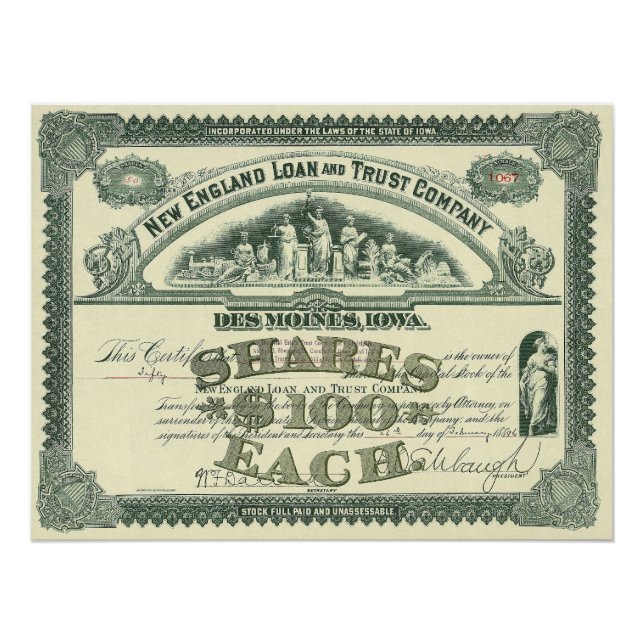 Vintage Capital Stock Certificate Business Finance Poster (Front)