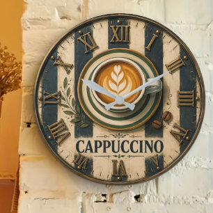 Vintage Cappuccino Latte Art Coffee Bar Decor Large Clock