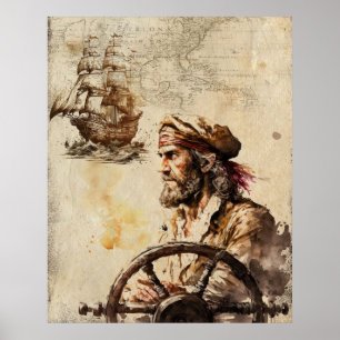 Vintage captain and ship  poster
