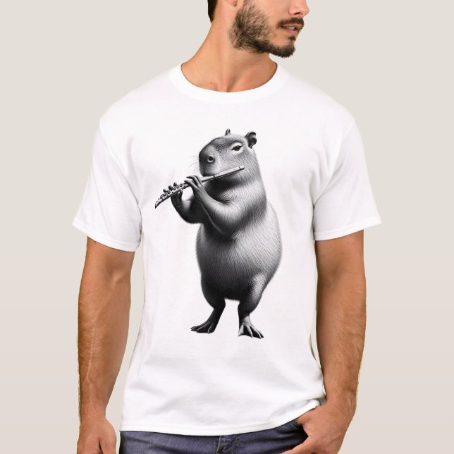 Vintage Capybara Playing Flute Flutist Flute T-Shirt (Front)