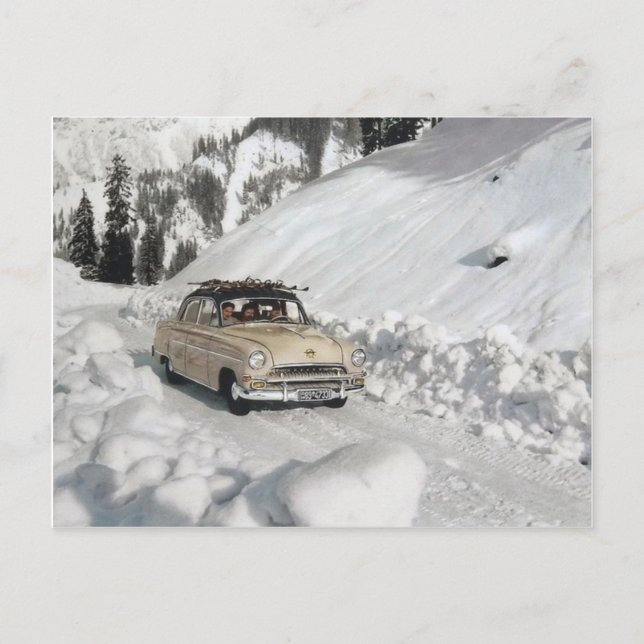 Vintage car advertising, winter scene postcard (Front)