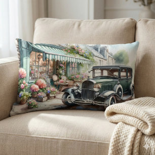Vintage Car and Charming Flower Shop Watercolor Lumbar Pillow