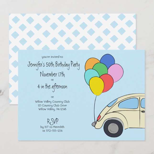 Vintage Car and Colourful Balloons Drawing Birthda Invitation (Front/Back)