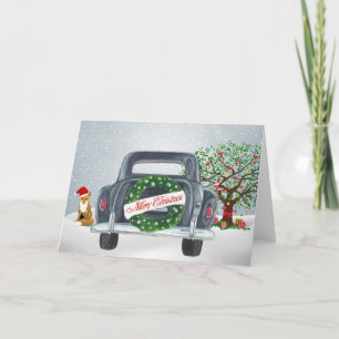 Vintage Car and Fox Christmas Card