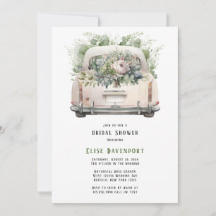 Vintage Car And Peony Florals Bridal Shower Invitation