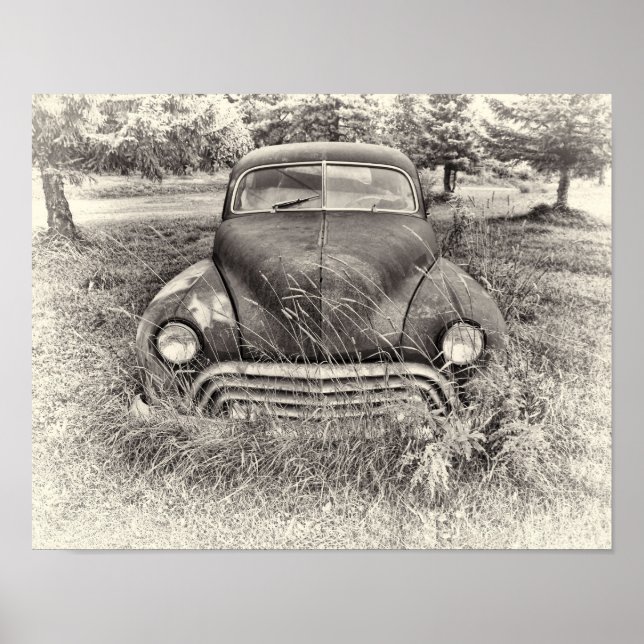 Vintage Car Antique Black And White Rustic Poster (Front)