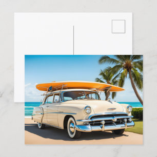 Vintage car at beach with surf board postcard