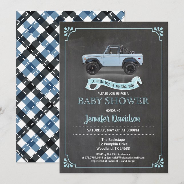 Vintage car baby boy shower inviation. Chalkboard. Invitation (Front/Back)