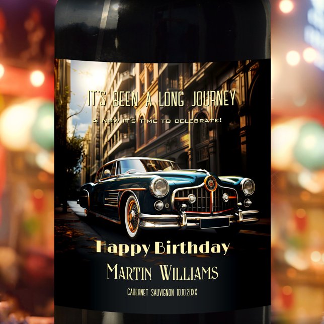 Vintage Car Birthday Wine Label (A vintage men's birthday wine label featuring a fantasy classic car in a city in times long gone)