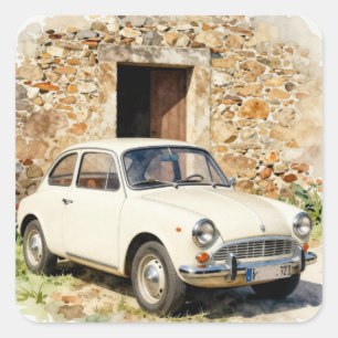 Vintage Car by Stone Building Square Sticker
