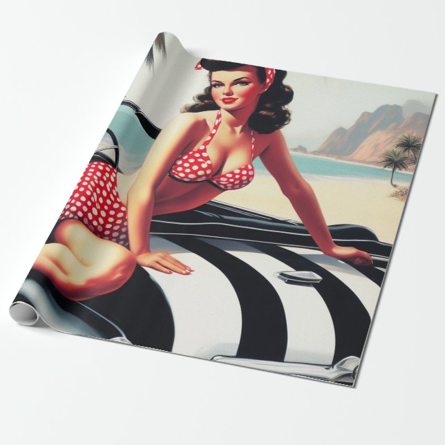 Vintage Car Classic Pin Up Wrapping Paper (Unrolled)