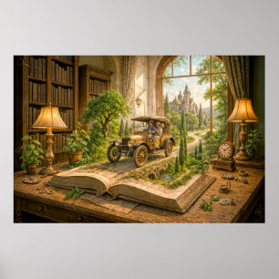 Vintage car drives from storybook page poster