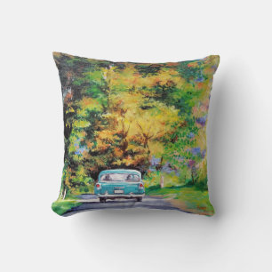 Vintage Car Fall Ride Landscape Throw Pillow