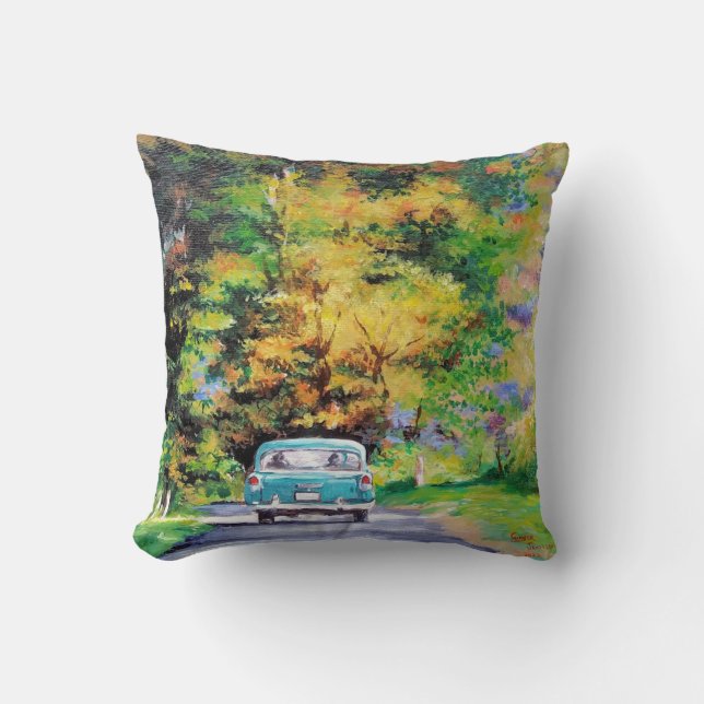 Vintage Car Fall Ride Landscape Throw Pillow (Front)