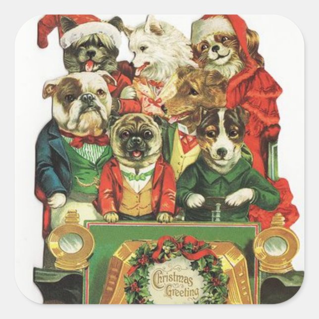 Vintage Car Full Of Christmas Dogs Square Sticker (Front)