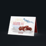 Vintage Car Happy Birthday Typography For Him Card<br><div class="desc">If you know a guy who loves classic cars this card might be just the thing to wish him a happy birthday! A simplistic drawing of a vintage car scene, with happy birthday in bold ornamental typography. And it’s got his name on it too! You can easily personalise the name...</div>