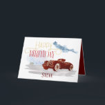 Vintage Car Happy Birthday Typography For Him Card<br><div class="desc">If you know a guy who loves classic cars this card might be just the thing to wish him a happy birthday! A simplistic drawing of a vintage car scene, with happy birthday in bold ornamental typography. And it’s got his name on it too! You can easily personalise the name...</div>